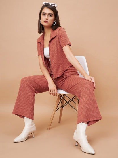 Gipsy Women Flat Collar Straight Half Sleeve Poly Knit Fabric Rust Co-Ord Set