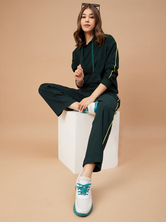 Gipsy Women Bottle Green Solid Cotton/Poly Regular Sleeve Hooded Neck Co-Ord Set