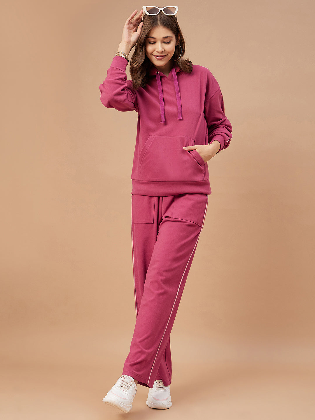 Gipsy Women Rasberry Solid Cotton/Poly Regular Sleeve Hooded Neck Co-Ord Set