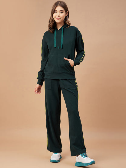 Gipsy Women Bottle Green Solid Cotton/Poly Regular Sleeve Hooded Neck Co-Ord Set