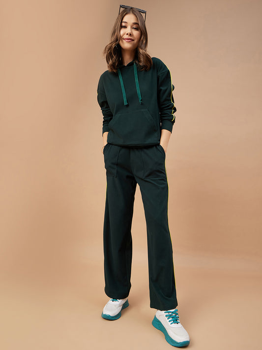Gipsy Women Bottle Green Solid Cotton/Poly Regular Sleeve Hooded Neck Co-Ord Set
