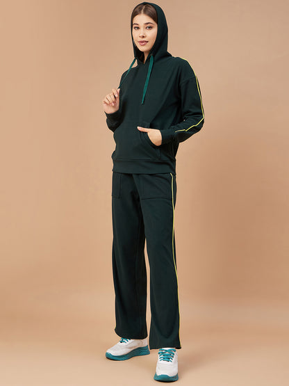 Gipsy Women Bottle Green Solid Cotton/Poly Regular Sleeve Hooded Neck Co-Ord Set