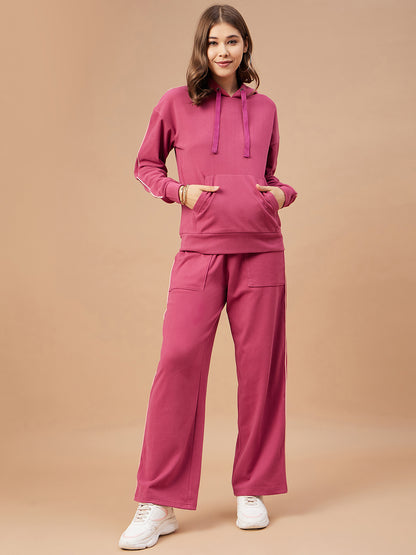 Gipsy Women Rasberry Solid Cotton/Poly Regular Sleeve Hooded Neck Co-Ord Sets