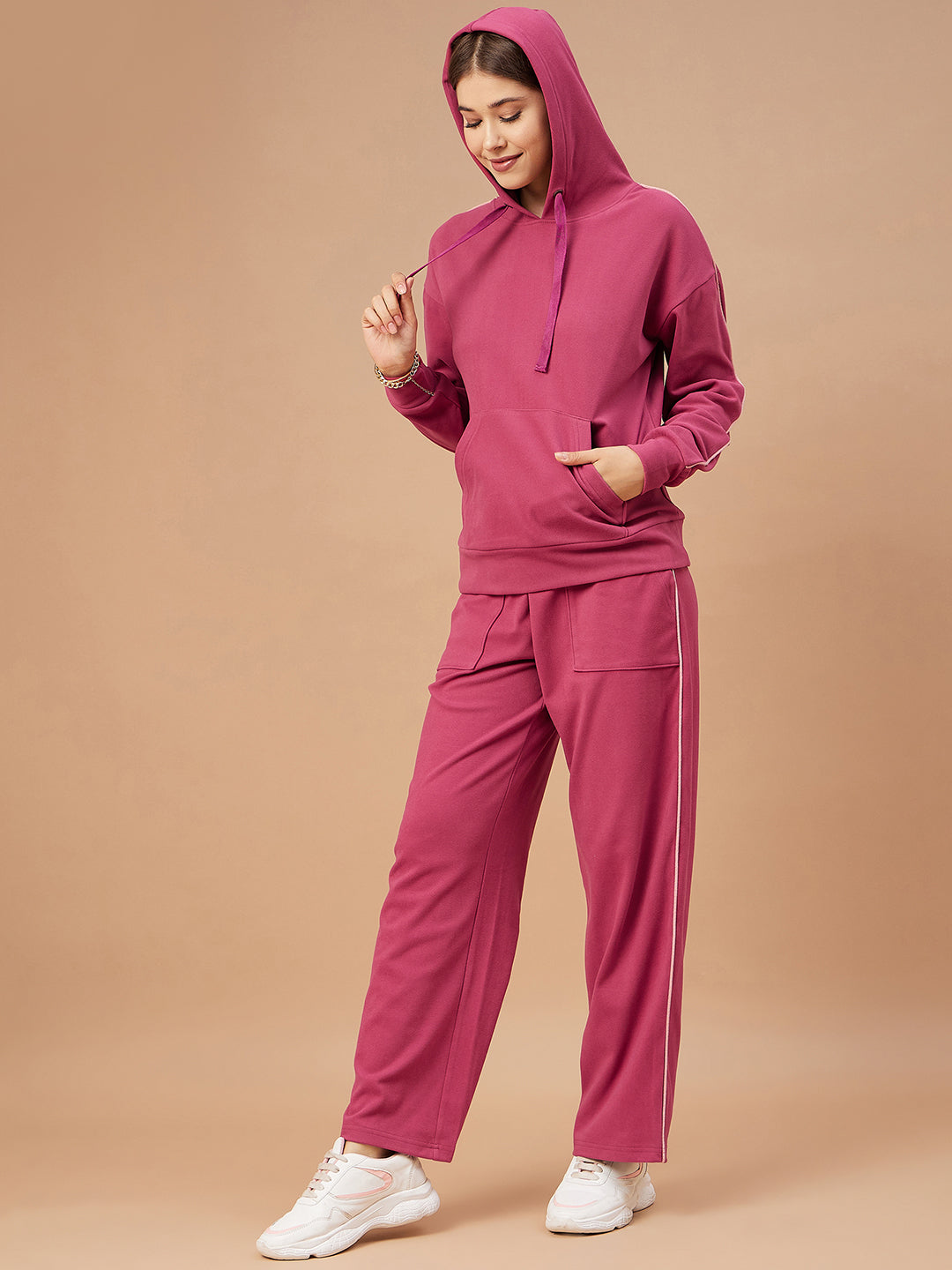 Gipsy Women Rasberry Solid Cotton/Poly Regular Sleeve Hooded Neck Co-Ord Sets