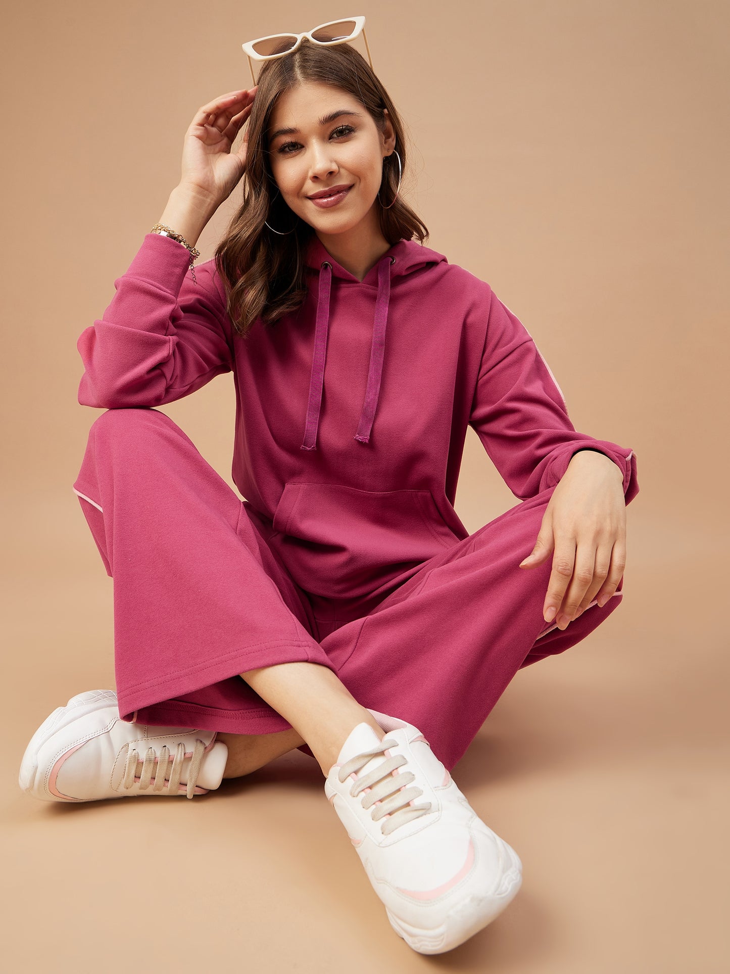 Gipsy Women Rasberry Solid Cotton/Poly Regular Sleeve Hooded Neck Co-Ord Sets