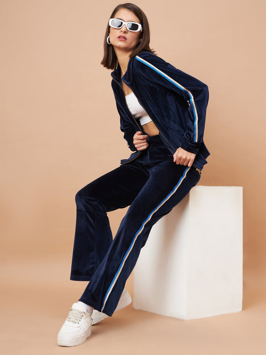 Gipsy Women Stand Collar Straight Full Sleeve Polyester Fabric Navy Co-Ord Set