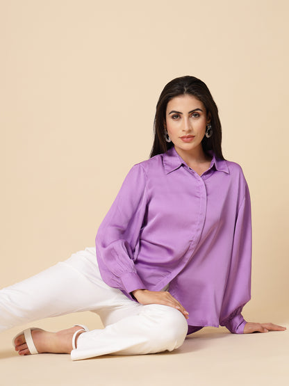 Gipsy Women Lavender Solid Satin Bishop Full Sleeve Collared Neck Shirt