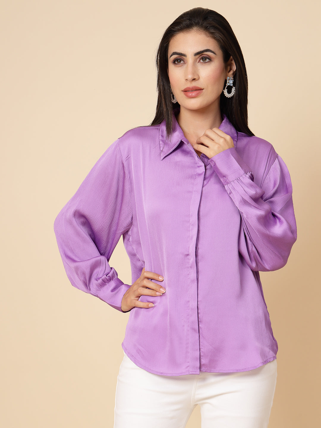 Gipsy Women Lavender Solid Satin Bishop Full Sleeve Collared Neck Shirt