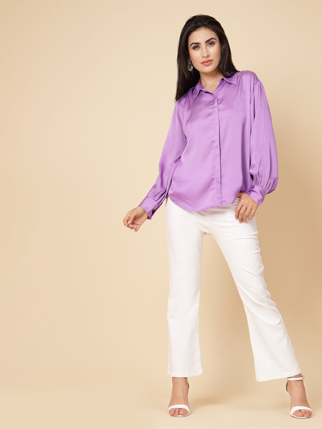 Gipsy Women Lavender Solid Satin Bishop Full Sleeve Collared Neck Shirt