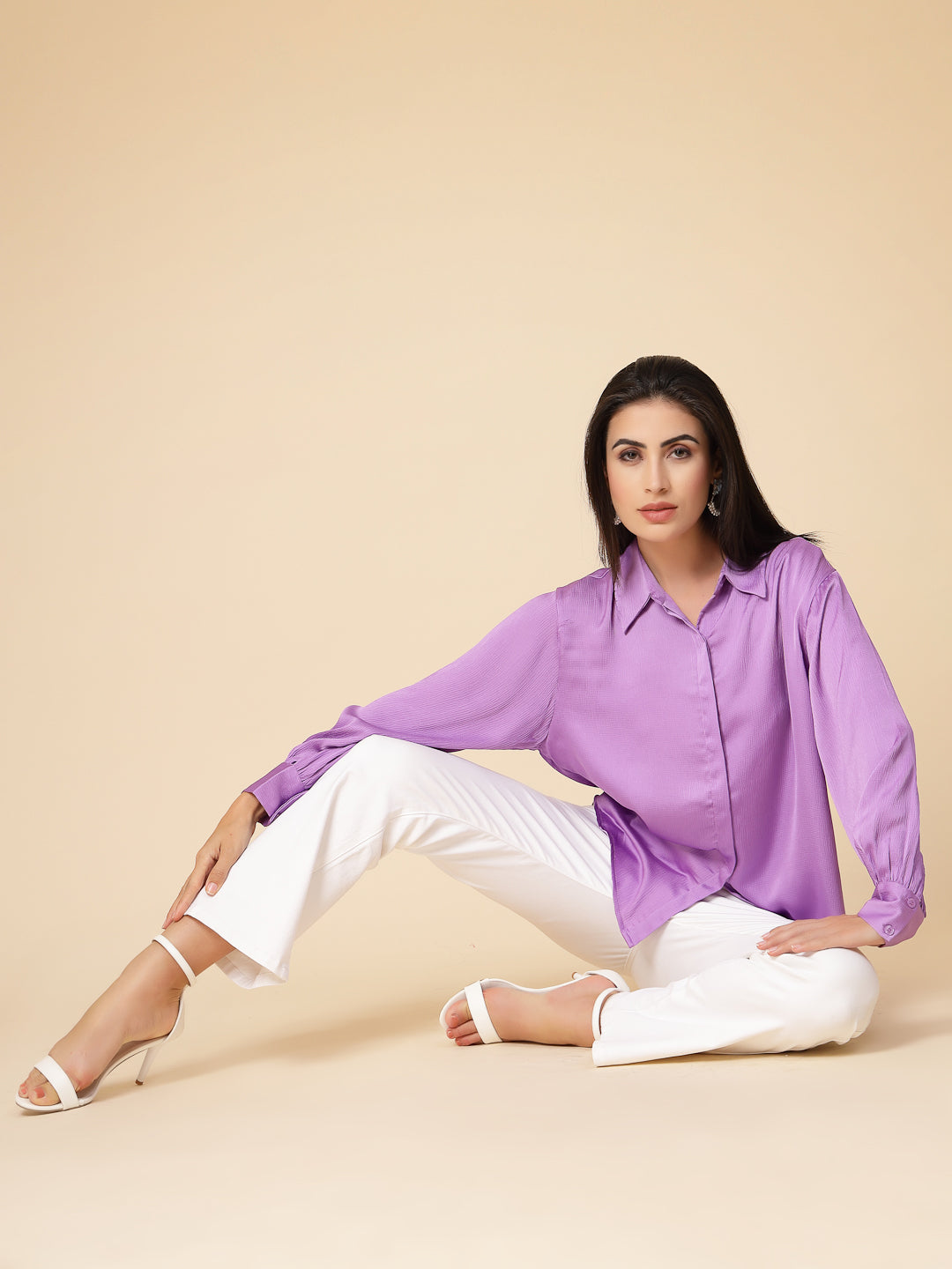 Gipsy Women Lavender Solid Satin Bishop Full Sleeve Collared Neck Shirt