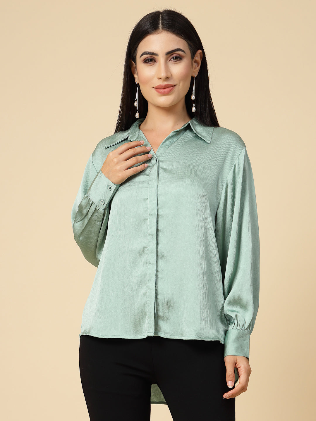 Gipsy Women Mint Green Solid Satin Bishop Full Sleeve Collared Neck Shirt