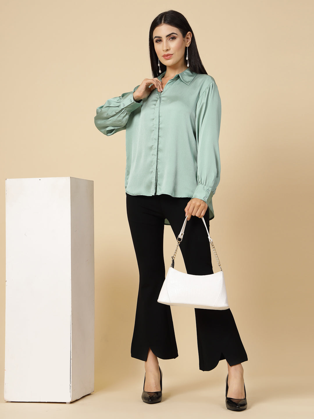 Gipsy Women Mint Green Solid Satin Bishop Full Sleeve Collared Neck Shirt