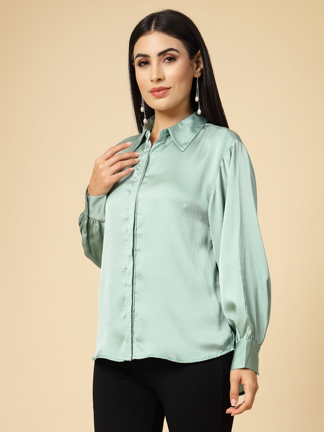 Gipsy Women Mint Green Solid Satin Bishop Full Sleeve Collared Neck Shirt