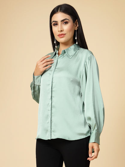 Gipsy Women Mint Green Solid Satin Bishop Full Sleeve Collared Neck Shirt