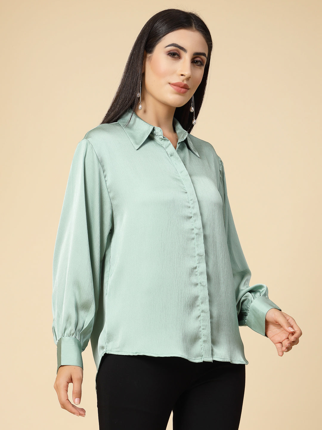 Gipsy Women Mint Green Solid Satin Bishop Full Sleeve Collared Neck Shirt