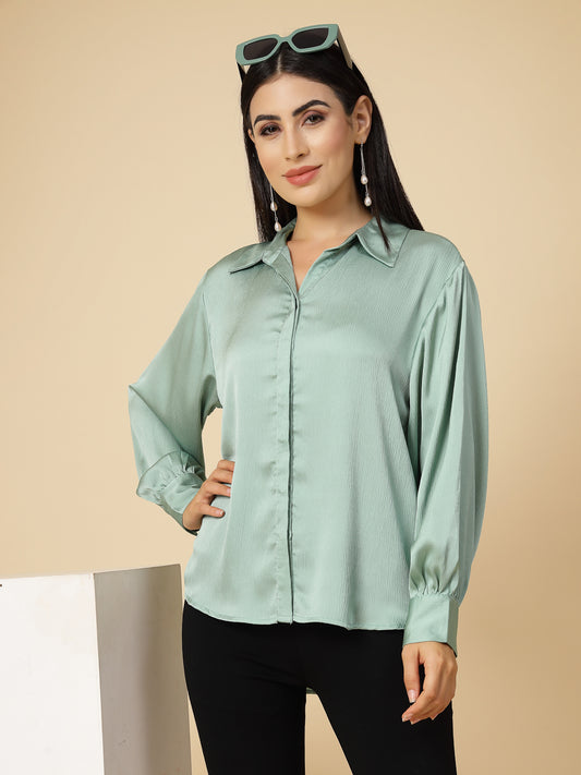 Gipsy Women Mint Green Solid Satin Bishop Full Sleeve Collared Neck Shirt