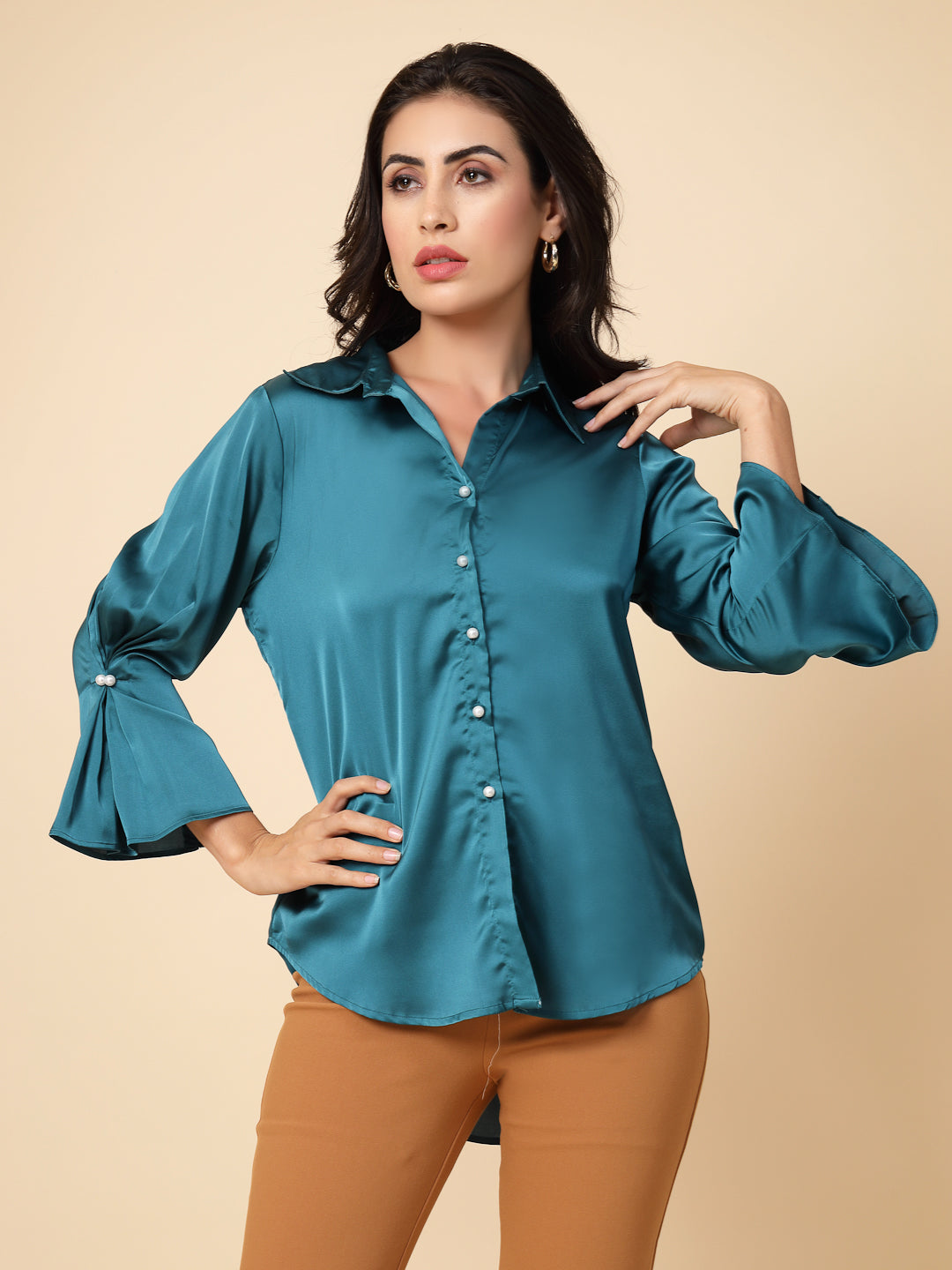 Gipsy Women Dark Green Solid Satin Frill 3/4 Sleeve Collared Neck Shirt