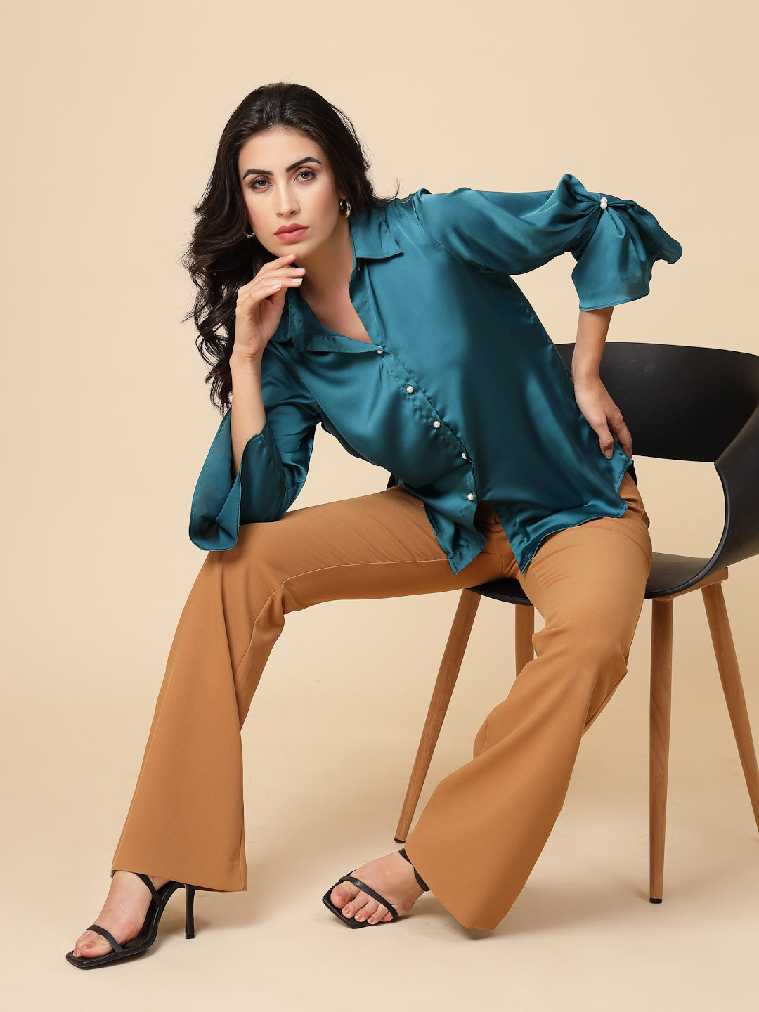 Gipsy Women Dark Green Solid Satin Frill 3/4 Sleeve Collared Neck Shirt