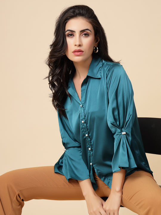 Gipsy Women Dark Green Solid Satin Frill 3/4 Sleeve Collared Neck Shirt