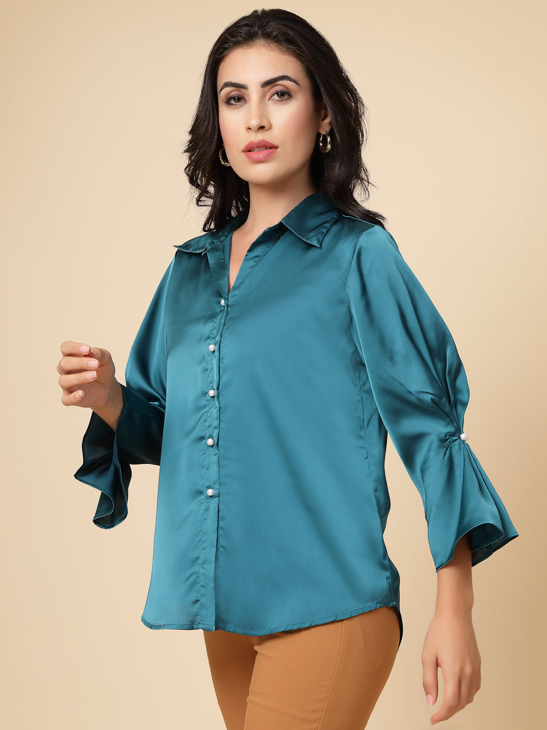 Gipsy Women Dark Green Solid Satin Frill 3/4 Sleeve Collared Neck Shirt