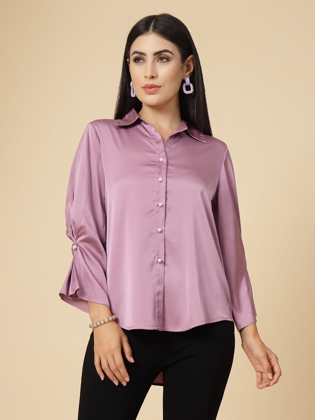Gipsy Women Lavender Solid Satin Frill 3/4 Sleeve Collared Neck Shirt
