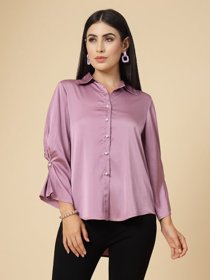 Gipsy Women Lavender Solid Satin Frill 3/4 Sleeve Collared Neck Shirt