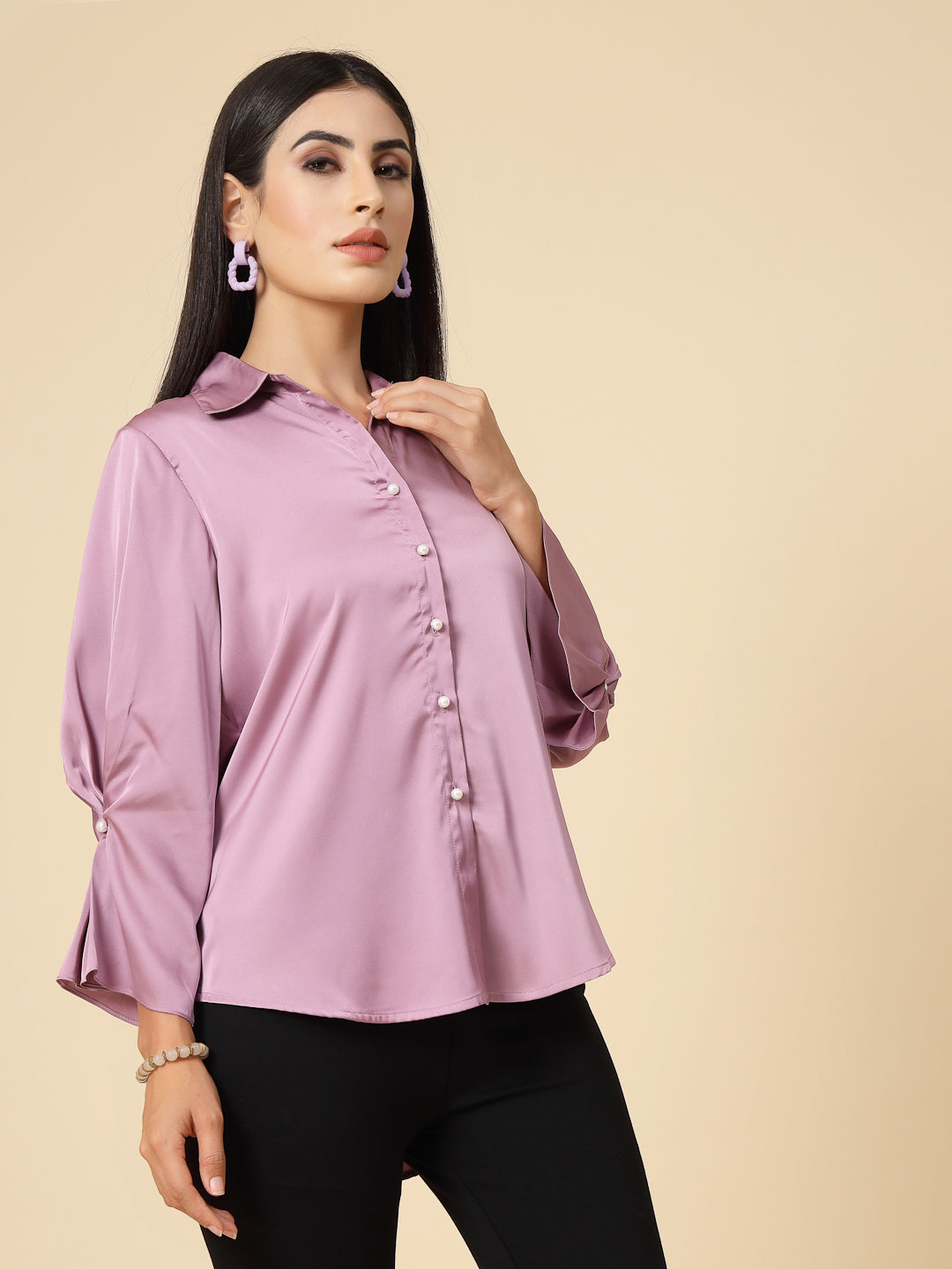Gipsy Women Lavender Solid Satin Frill 3/4 Sleeve Collared Neck Shirt