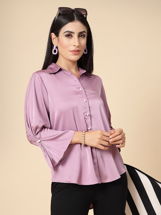 Gipsy Women Lavender Solid Satin Frill 3/4 Sleeve Collared Neck Shirt