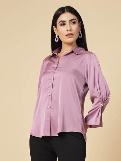 Gipsy Women Lavender Solid Satin Frill 3/4 Sleeve Collared Neck Shirt