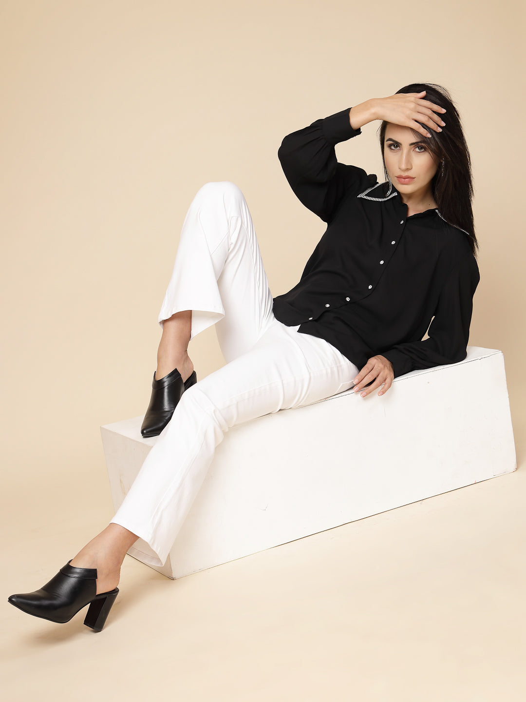 Gipsy Women Black Solid Georgette Bishop Full Sleeve Collared Resin stone Detailing Neck Shirt