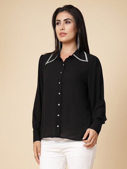 Gipsy Women Black Solid Georgette Bishop Full Sleeve Collared Resin stone Detailing Neck Shirt