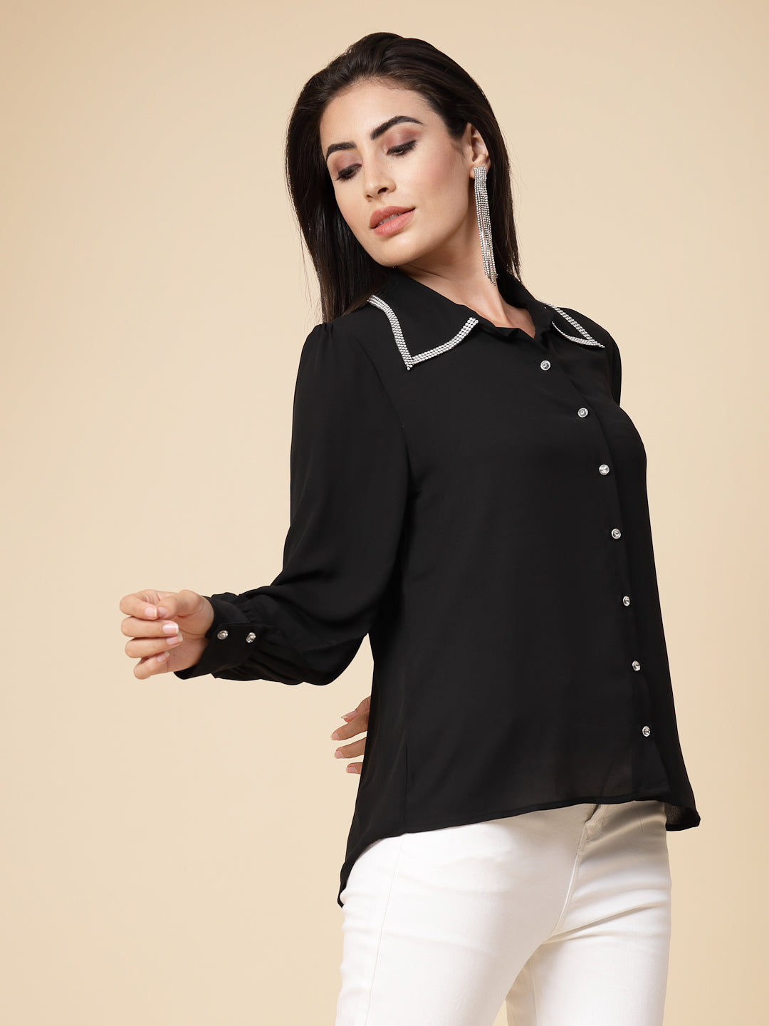Gipsy Women Black Solid Georgette Bishop Full Sleeve Collared Resin stone Detailing Neck Shirt