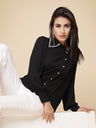 Gipsy Women Black Solid Georgette Bishop Full Sleeve Collared Resin stone Detailing Neck Shirt