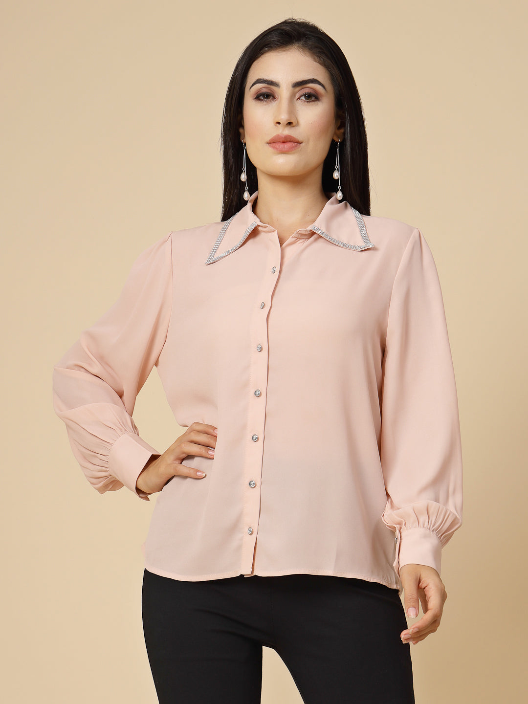 Gipsy Women Pink Clay Solid Georgette Bishop Full Sleeve Collared Resin stone Detailing Neck Shirt