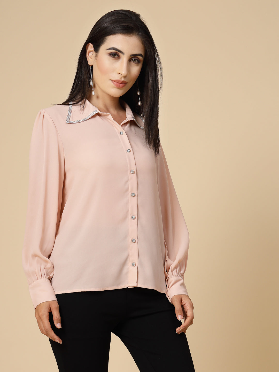 Gipsy Women Pink Clay Solid Georgette Bishop Full Sleeve Collared Resin stone Detailing Neck Shirt