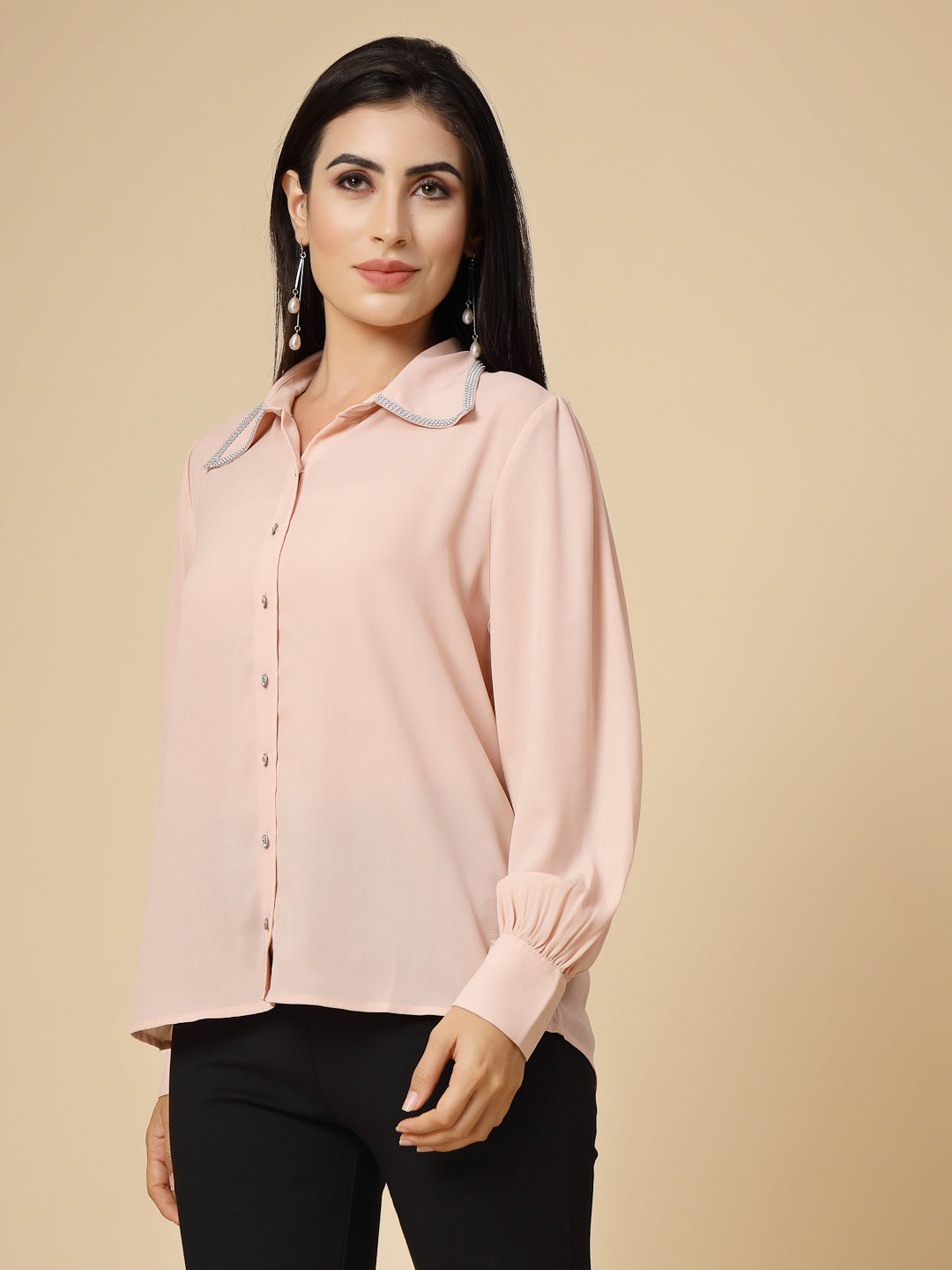Gipsy Women Pink Clay Solid Georgette Bishop Full Sleeve Collared Resin stone Detailing Neck Shirt