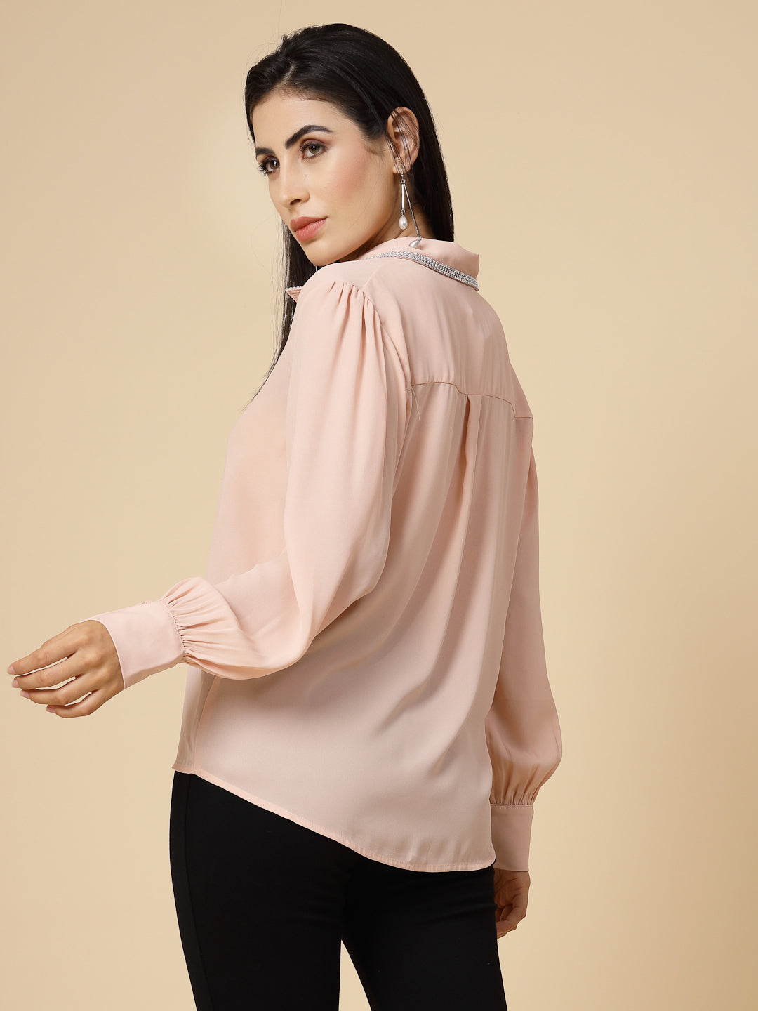 Gipsy Women Pink Clay Solid Georgette Bishop Full Sleeve Collared Resin stone Detailing Neck Shirt