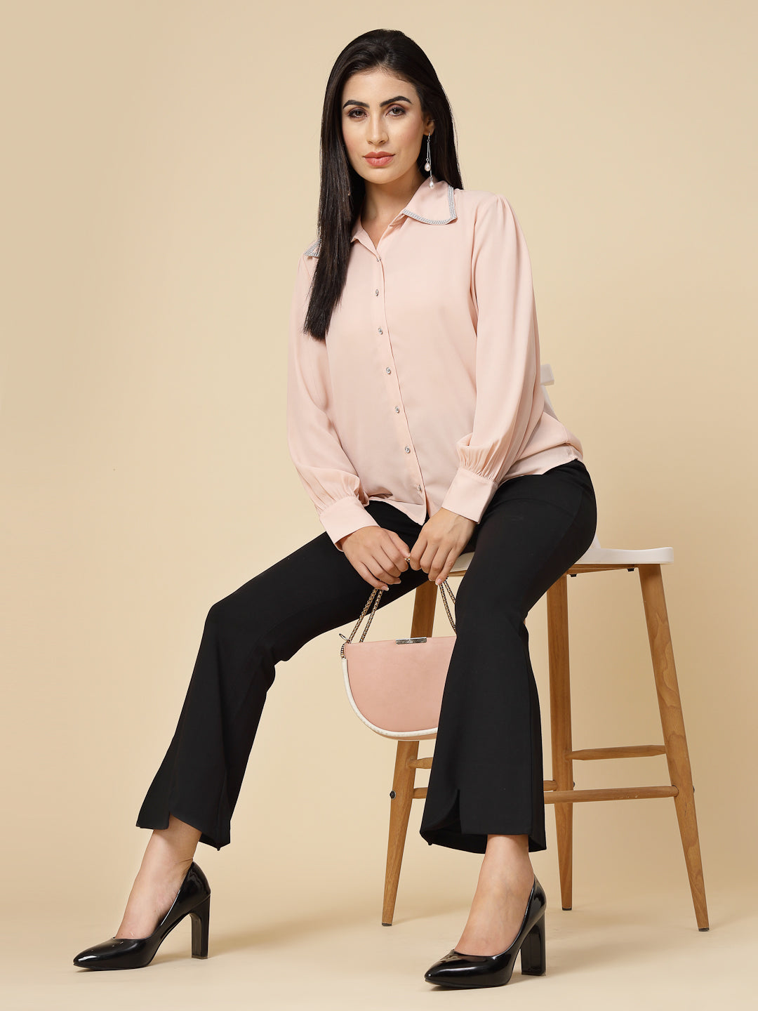 Gipsy Women Pink Clay Solid Georgette Bishop Full Sleeve Collared Resin stone Detailing Neck Shirt