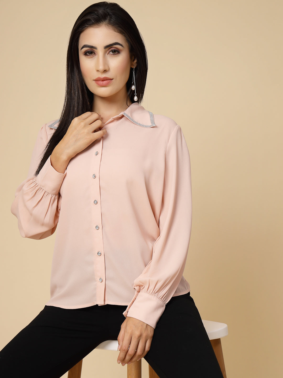 Gipsy Women Pink Clay Solid Georgette Bishop Full Sleeve Collared Resin stone Detailing Neck Shirt