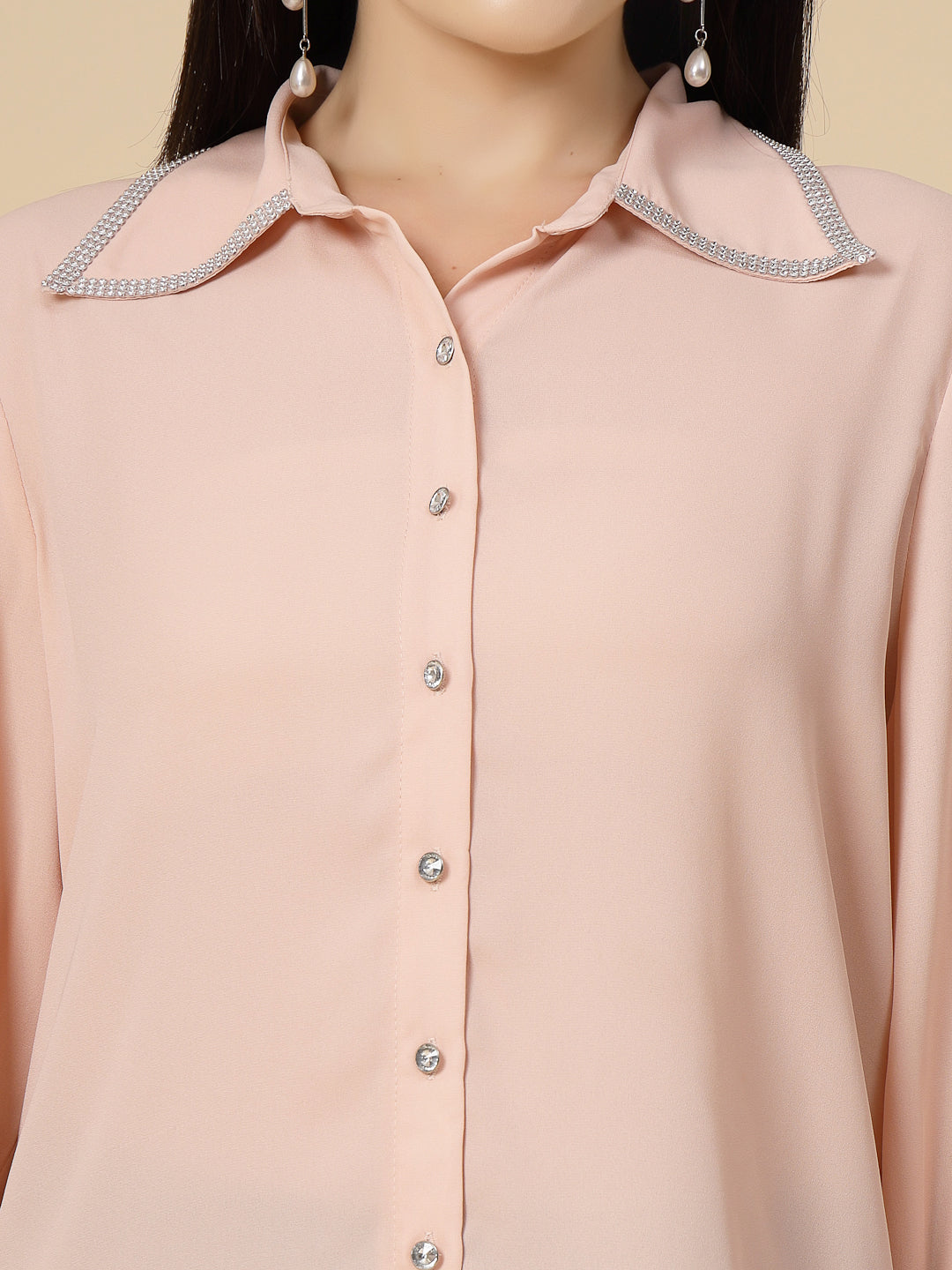 Gipsy Women Pink Clay Solid Georgette Bishop Full Sleeve Collared Resin stone Detailing Neck Shirt