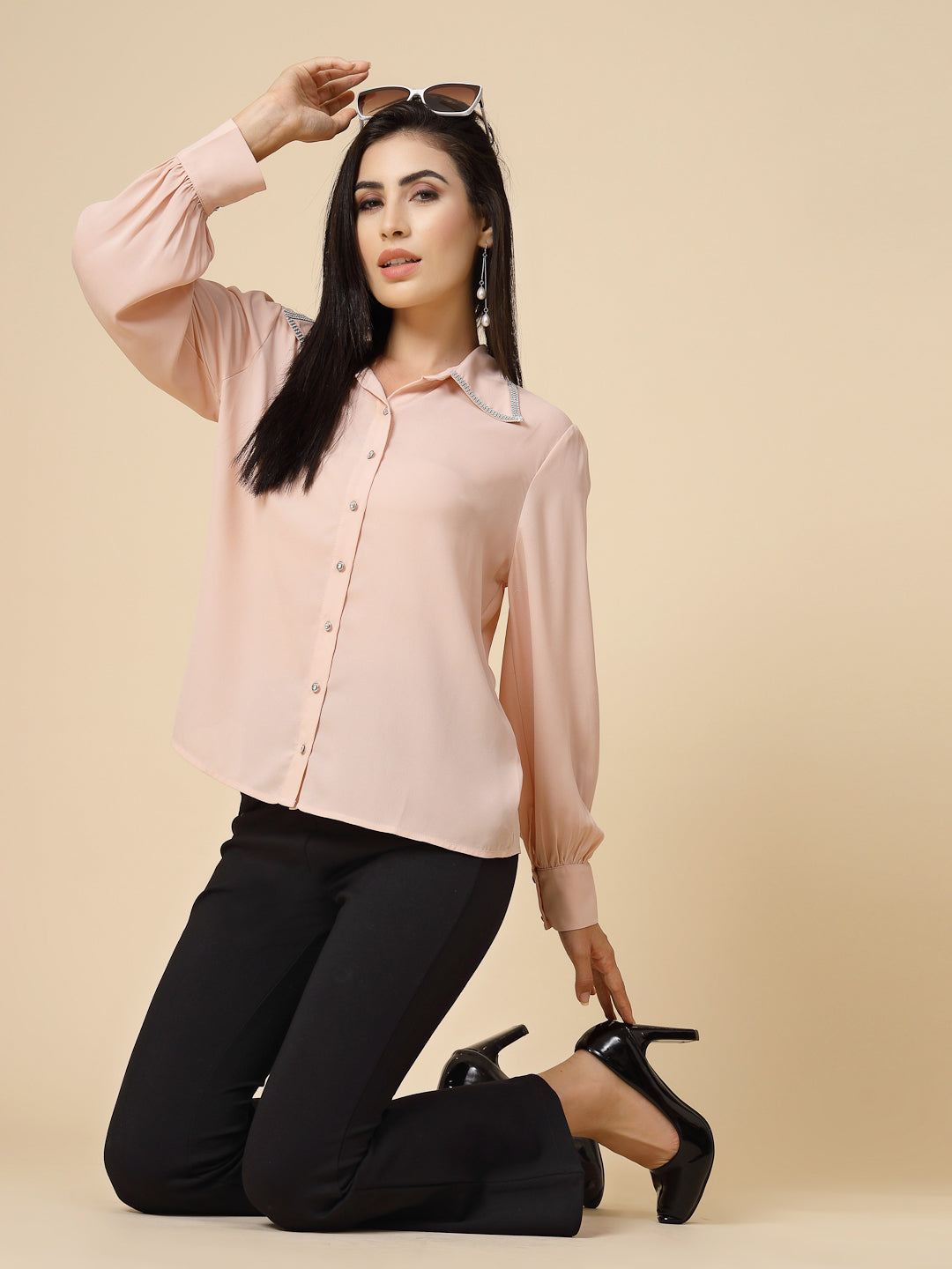 Gipsy Women Pink Clay Solid Georgette Bishop Full Sleeve Collared Resin stone Detailing Neck Shirt