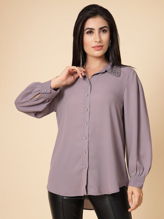 Gipsy Women Aubergine Solid Georgette Bishop Full Sleeve Collared Embellished stone Neck Shirt