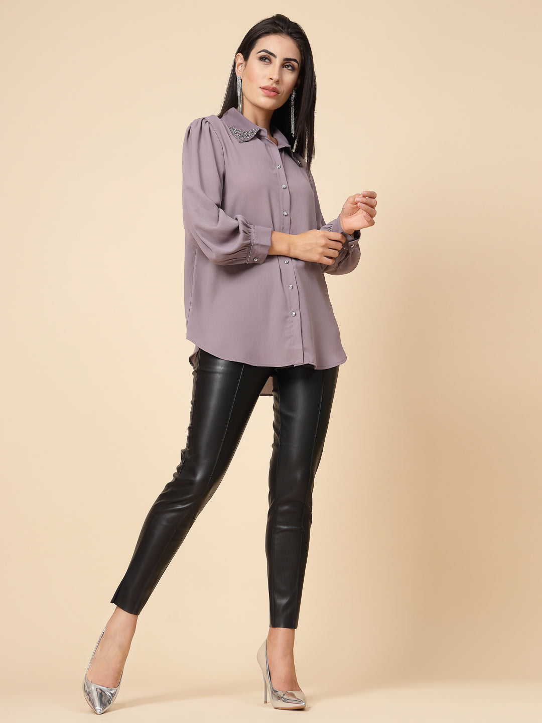 Gipsy Women Aubergine Solid Georgette Bishop Full Sleeve Collared Embellished stone Neck Shirt