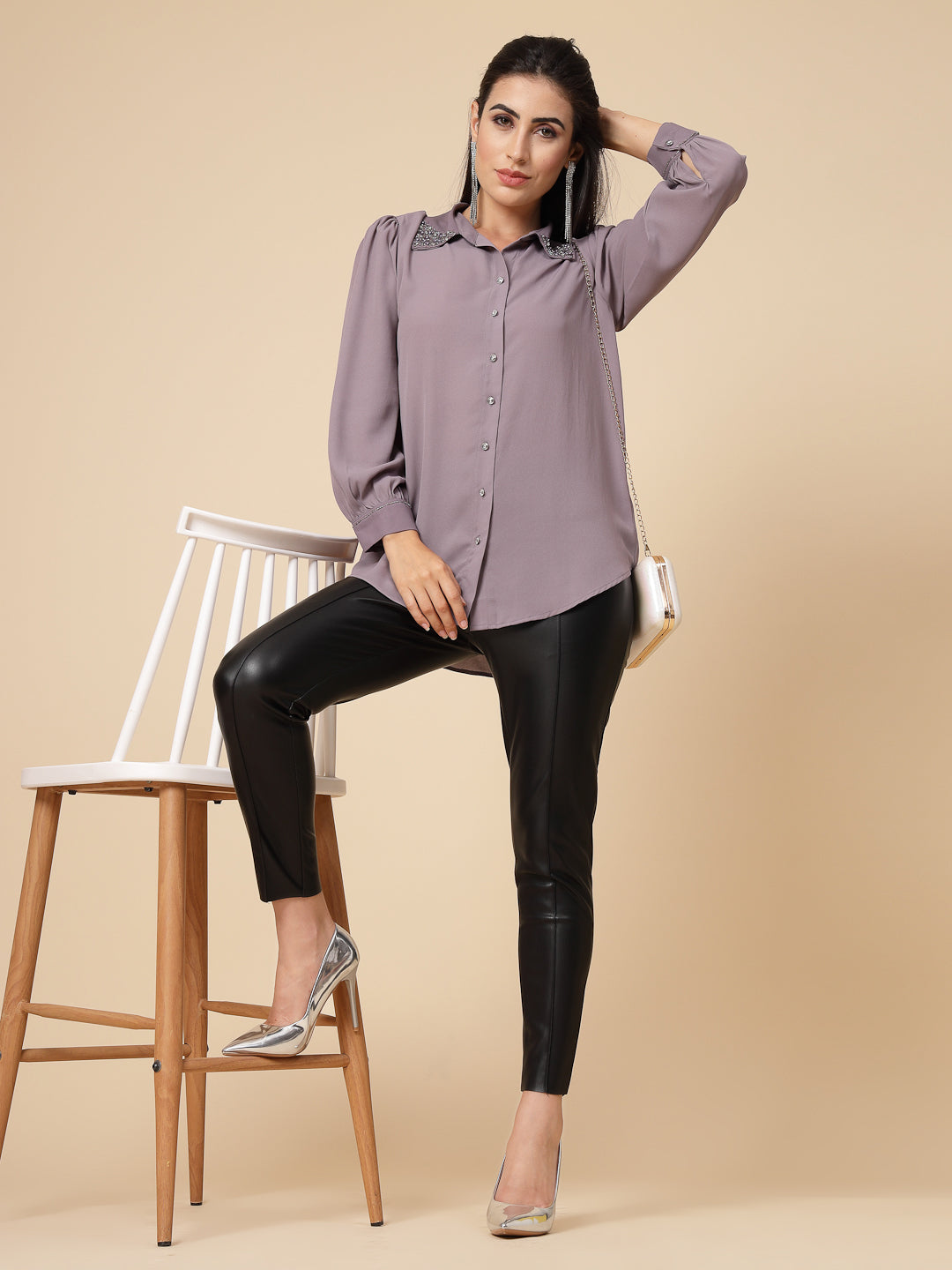 Gipsy Women Aubergine Solid Georgette Bishop Full Sleeve Collared Embellished stone Neck Shirt
