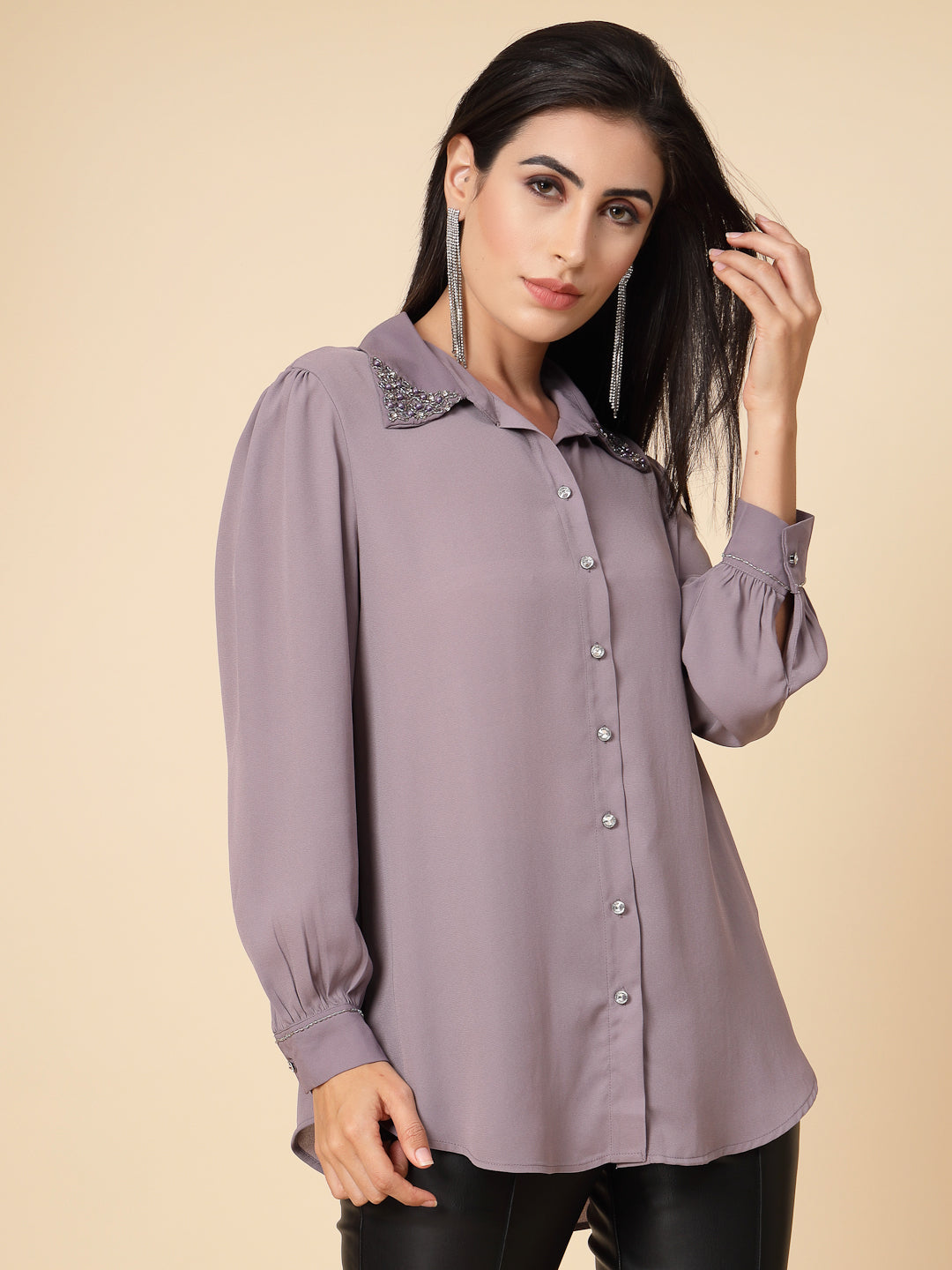Gipsy Women Aubergine Solid Georgette Bishop Full Sleeve Collared Embellished stone Neck Shirt