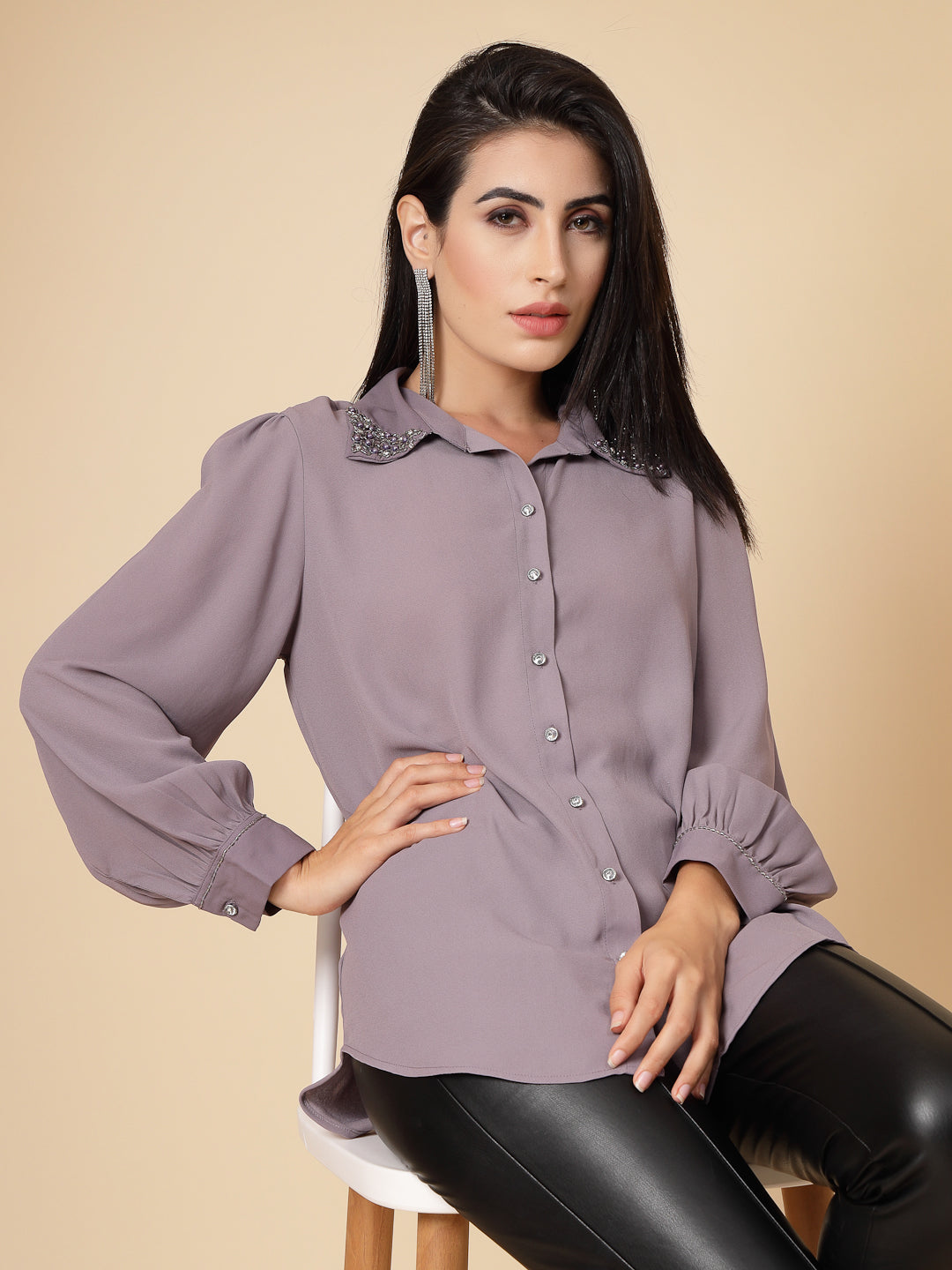 Gipsy Women Aubergine Solid Georgette Bishop Full Sleeve Collared Embellished stone Neck Shirt