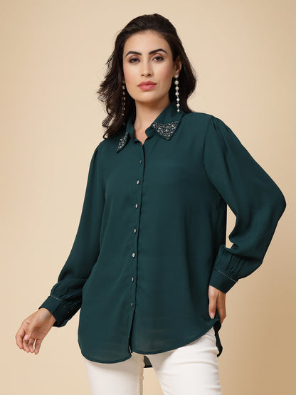 Gipsy Women Bottle Green Solid Georgette Bishop Full Sleeve Collared Embellished stone Neck Shirt