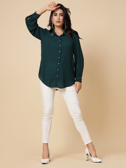 Gipsy Women Bottle Green Solid Georgette Bishop Full Sleeve Collared Embellished stone Neck Shirt