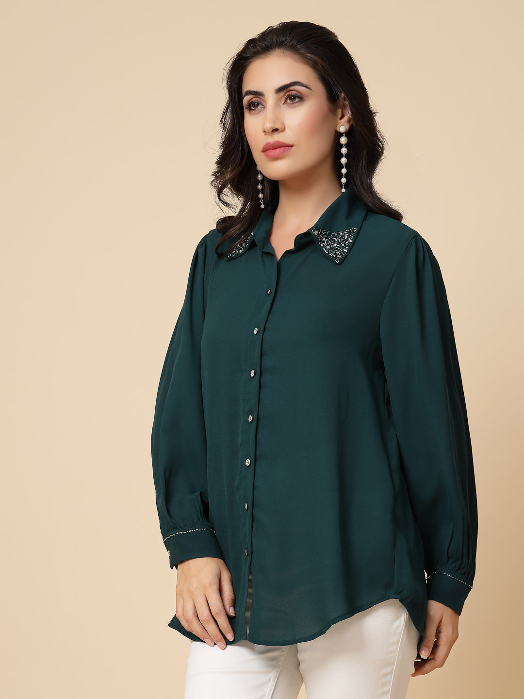 Gipsy Women Bottle Green Solid Georgette Bishop Full Sleeve Collared Embellished stone Neck Shirt