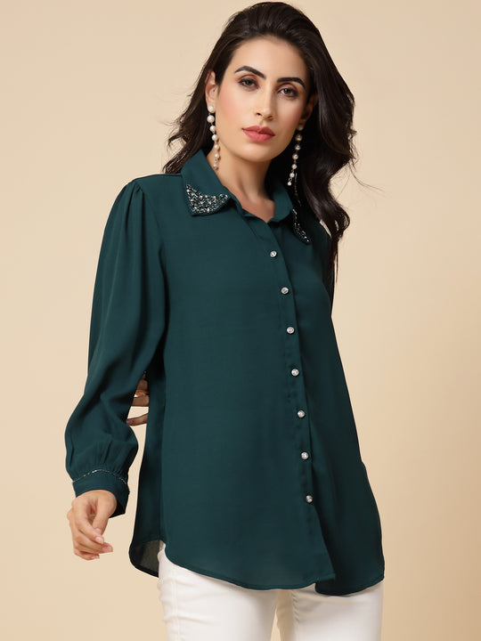 Gipsy Women Bottle Green Solid Georgette Bishop Full Sleeve Collared Embellished stone Neck Shirt